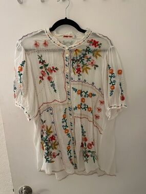 Johnny Was White Sheer Boho Embroidered Button Front Blouse